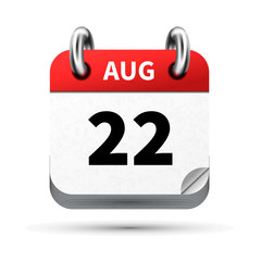 Bright realistic icon of calendar with 22 august date isolated on white