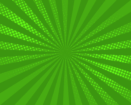 Green pop art comic background, vector illustration. Burst, halftone pattern texture, abstract dots wallpaper.