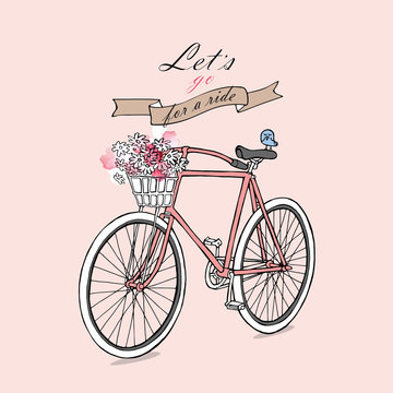 Card with image of a Retro bicycle with a flowers. Vector illustration.