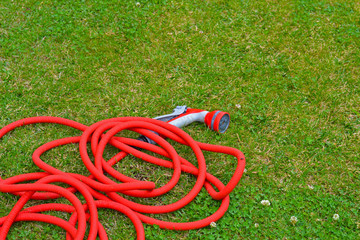Garden hose bundle on the mown lawn in the summer garden. Reel of hose pipe and spraying head on grass.