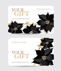 Gift card with a gold ribbon and a poinsettia flower. Vector template for gift card, coupon and certificate for a spa, beauty salon, shops, cosmetics and restaurants