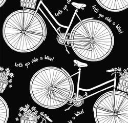 Seamless Pattern Retro Bike with flowers Black & White