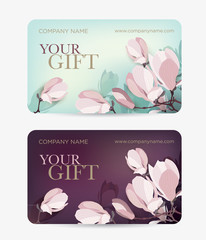 Gift card with a magnolia flower. Vector template for gift card, coupon and certificate for a spa, beauty salon, shops, cosmetics and restaurants