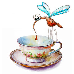 Black Coffee cup with mosquito isolated on white background. Watercolor painting