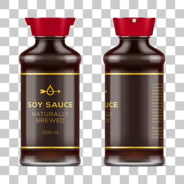 Vector labeled full glass soy sauce bottle isolated on transparent background.