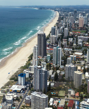 Aerial view of the Gold Coast - Queensland Australia looking south towards Burleigh Heads. The Gold Coast is a popular tourist destination in Australia 
