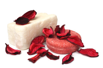 Toilet soap with dry red petals