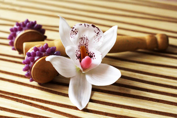 Orchid and a device for massage on a wooden background