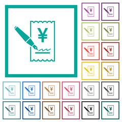 Signing Yen cheque flat color icons with quadrant frames