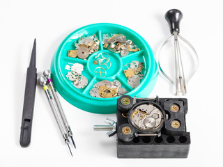 set of tools and spare parts for repairing watch