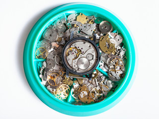 top view of disassembled watch in plate