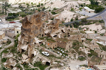 View from the top of the cave city Uchhisar. Uchhisar City, Cappadocia, Turkey.