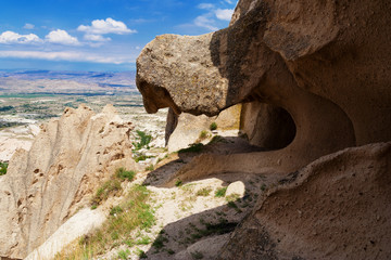 View from the top of the cave city Uchhisar. Uchhisar City, Cappadocia, Turkey.