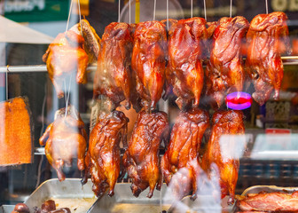 Roast ducks on display at a Chinese restaurant in London Chinatown