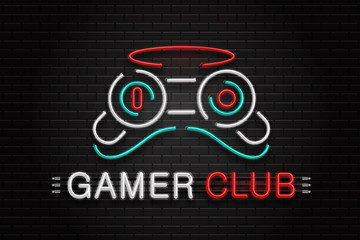 Vector isolated neon sign of controller for decoration on the wall background. Realistic neon logo for gamer club. Concept of game and computer leisure. © comicsans