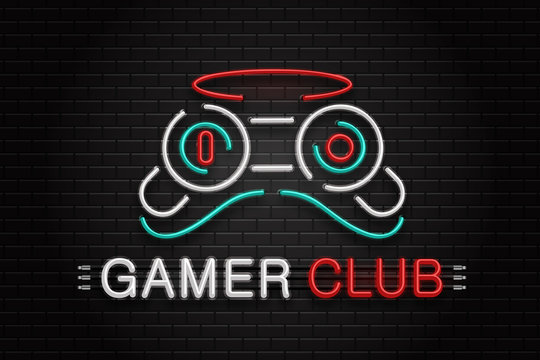 Vector isolated neon sign of controller for decoration on the wall background. Realistic neon logo for gamer club. Concept of game and computer leisure.