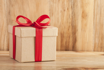 Gift boxes on wood background.