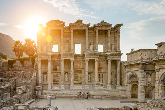 Celsus Library in Ephesus and the sun with flare
