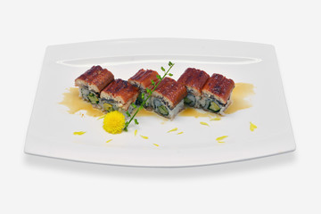 Unagi sushi in white plate Japanese style on white background