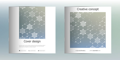 Square brochure template with structure of molecular particles and atom. Polygonal abstract background. Medicine, science and technology concept. Vector illustration.