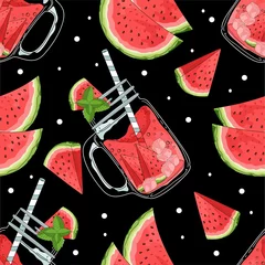 Wallpaper murals Watermelon Seamless pattern with elements of watermelon and a glass. Fresh drink, pattern.