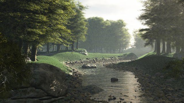 Illustration of a Rocky Stream Flowing Through a Peaceful Woodland