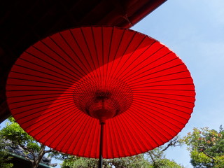 日本の風景 野点傘 The landscape of Japan  Outdoor tea ceremony umbrella/庭に面した座敷から眺める庭園。座敷続きの縁側に置かれた野点傘。晴天と日本庭園に生える紅色。野点傘の赤が日本の風景を演出します。