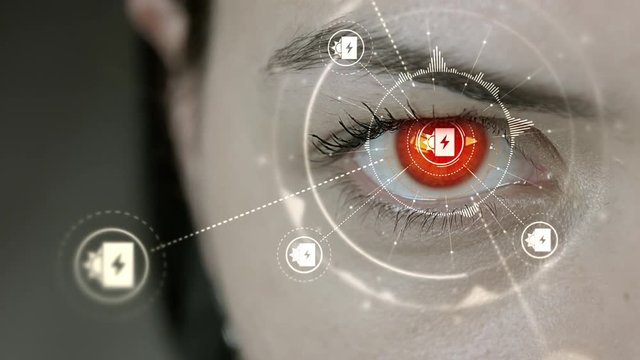 Young cyborg female blinks then solar energy charging symbols appears. 4K+ 3D animation concept.