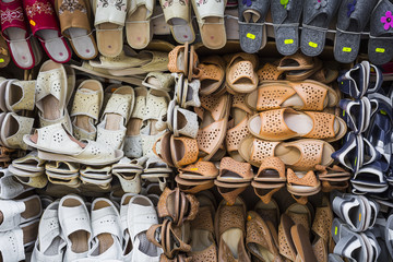 Leather shoes at traditional market.