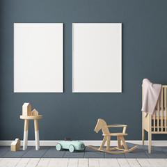 Mockup poster in the children's room in pastel colors. Scandinavian style. 3d illustration. © shuruev
