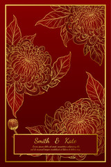 Chrysanthemum vintage card on red background.Chrysanthemum flower by hand drawing.Floral vintage highly detailed in line art style.
