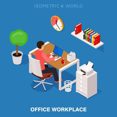 Colored 3d isometric office workplace vector concept illustration. Work table composition plus collection of isometric objects: table, chair, books, laptop, trash bin, folders, papers, printer