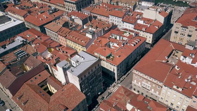 Aerial view of old buildings and streets in Trieste, Italy