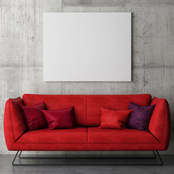 White poster on concrete wall, red sofa, 3d illustration