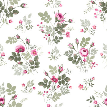 seamless floral pattern vith rose bouquet on white background