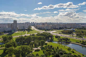 Obraz premium Aerial view of the western part of the Minsk with new multi-other buildings. Minsk is the capital and largest city of Belarus.