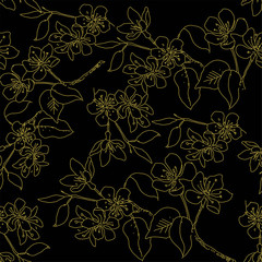 Seamless pattern with hand drawn flowers  in sketch style. With gold flowers on a black background