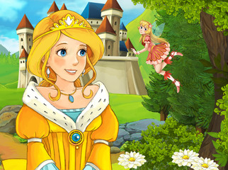 Cartoon scene of beautiful princess in the forest near castle in the background - illustration for children © honeyflavour