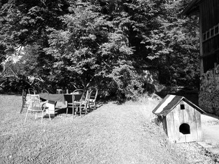 Hundehütte, Tische und Stühle im Garten im Sommer bei Sonnenschein auf dem Bauernhof in Rudersau...