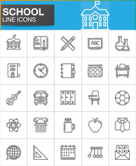School line icons set, outline vector symbol collection, linear style pictogram pack. Signs, logo illustration. Set includes icons as homework, school building, violin, ball, bus, flask, atom, grades
