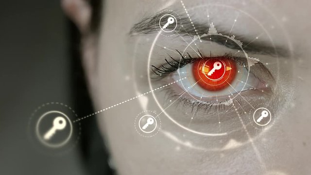 Young cyborg female blinks then key symbols appears. 4K+ 3D animation concept.
