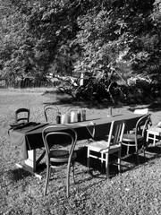 Lange Tafel mit Tischdecke und Holzstühlen am Waldrand im Garten eines Bauernhof in Rudersau bei...