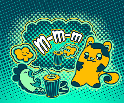 Doodle cat fish cloud  in pop art cartoon comic retro style drinking drink and thinking MMM on Speech bubble with halftone for advertising Rating quality product
