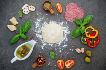 Fototapeta na wymiar Raw dough for homemade pizza with ingredients and herbs flat lay on dark stone background.