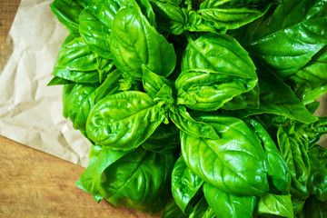 Fresh green basil on wrapping paper, top view