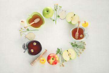 Rosh hashanah (jewish New Year holiday) concept. Traditional symbols