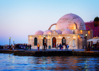 Naklejka premium Turkish Mosque Yiali Tzami of Chania at night, Crete, Greece, retro toned