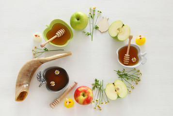 Rosh hashanah (jewish New Year holiday) concept. Traditional symbols.