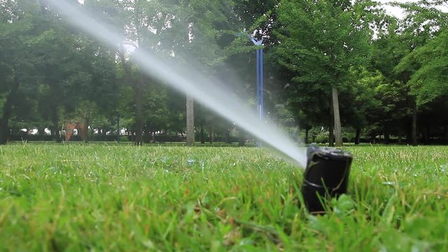 Detalle de boca de riego por aspersion regando un parque con cesped verde y arbolado
