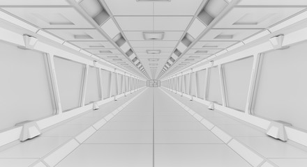 Bright futuristic spaceship corridor 3D rendering